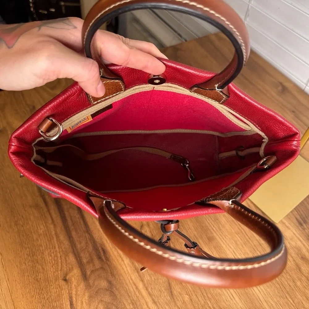 Dooney & Bourke Wakefield Tassel Tote Bag Red Brown Trim Pebble Leather